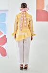 Shop_Moontara_Yellow Cotton Embroidery Collared Check Asymmetric Shirt And White Pants _at_Aza_Fashions