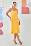 Buy_Moontara_Yellow Cotton Square Neck Linen Sleeveless Dress _at_Aza_Fashions