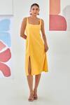 Moontara_Yellow Cotton Square Neck Linen Sleeveless Dress _Online_at_Aza_Fashions