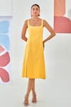 Buy_Moontara_Yellow Cotton Square Neck Linen Sleeveless Dress _Online_at_Aza_Fashions