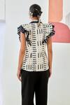 Shop_Moontara_White Cotton Patchwork V-neck Ruffled Jacket And Black Pants Set _at_Aza_Fashions