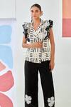 Moontara_White Cotton Patchwork V-neck Ruffled Jacket And Black Pants Set _Online_at_Aza_Fashions