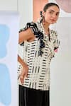 Moontara_White Cotton Patchwork V-neck Ruffled Jacket And Black Pants Set _at_Aza_Fashions