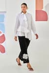 Moontara_White Cotton Embroidery Collared Asymmetric Shirt And Black Pants Set _Online_at_Aza_Fashions