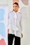 Buy_Moontara_White Cotton Embroidery Collared Asymmetric Shirt And Black Pants Set _Online_at_Aza_Fashions