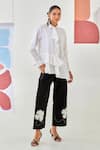 Shop_Moontara_White Cotton Embroidery Collared Asymmetric Shirt And Black Pants Set _Online_at_Aza_Fashions