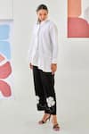 Moontara_White Cotton Embroidery Collared Asymmetric Shirt And Black Pants Set _at_Aza_Fashions