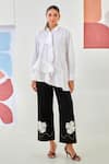 Buy_Moontara_White Cotton Embroidery Collared Asymmetric Shirt And Black Pants Set _at_Aza_Fashions