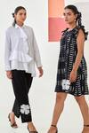 Shop_Moontara_White Cotton Embroidery Collared Asymmetric Shirt And Black Pants Set 