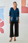 Buy_Moontara_Teal Cotton Embroidery V-neck Top And Black Pants Set _at_Aza_Fashions