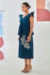 Moontara_Teal Cotton Embroidery V-neck Tie-up Top And A-line Skirt Set _Online_at_Aza_Fashions