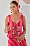 Shop_Moontara_Red Cotton Embroidery Round Neck Layered Skirt And Top Set _Online_at_Aza_Fashions