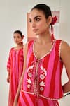 Moontara_Red Cotton Embroidery Round Neck Layered Skirt And Top Set _at_Aza_Fashions