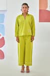 Moontara_Green Cotton Embroidery Collared Lemon Co-ord Set With Floral _Online_at_Aza_Fashions