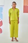 Moontara_Green Cotton Embroidery Collared Lemon Co-ord Set With Floral _at_Aza_Fashions