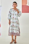 Buy_Moontara_Multi Color Cotton V-neck Aqua Floral Printed Double Layered Dress _at_Aza_Fashions