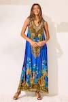 Buy_Zariaah_Blue Viscose, Silk Crystals V-neck Leopardess Sleeveless Dress _Online_at_Aza_Fashions