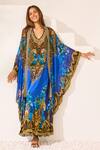 Buy_Zariaah_Blue Viscose, Silk Crystals V-neck Leopardess Sleeveless Dress _at_Aza_Fashions