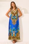 Shop_Zariaah_Blue Viscose, Silk Crystals V-neck Leopardess Sleeveless Dress _Online_at_Aza_Fashions