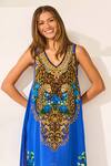 Zariaah_Blue Viscose, Silk Crystals V-neck Leopardess Sleeveless Dress _at_Aza_Fashions