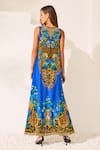 Shop_Zariaah_Blue Viscose, Silk Crystals V-neck Leopardess Sleeveless Dress _at_Aza_Fashions