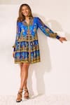 Buy_Zariaah_Blue Viscose, Silk Crystals Collared Leopardess Shirt Dress _at_Aza_Fashions
