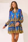 Zariaah_Blue Viscose, Silk Crystals Collared Leopardess Shirt Dress _Online_at_Aza_Fashions