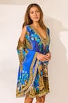 Zariaah_Blue Viscose, Silk Crystals V-neck Leopardess Kaftan Dress _Online_at_Aza_Fashions