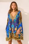 Shop_Zariaah_Blue Viscose, Silk Crystals V-neck Leopardess Kaftan Dress _Online_at_Aza_Fashions