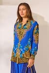 Zariaah_Blue Viscose, Silk Crystals Button-down Neck Leopard Print Shirt _Online_at_Aza_Fashions