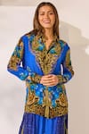 Buy_Zariaah_Blue Viscose, Silk Crystals Button-down Neck Leopard Print Shirt _at_Aza_Fashions