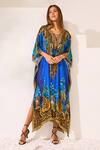 Buy_Zariaah_Blue Viscose, Silk Crystals V-neck Leopard Print Kaftan _at_Aza_Fashions