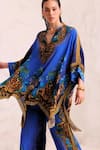 Buy_Zariaah_Blue Viscose, Silk Crystals Split V-neck Leopard Print Kaftan And Trousers Set _Online_at_Aza_Fashions