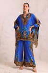Buy_Zariaah_Blue Viscose, Silk Crystals Split V-neck Leopard Print Kaftan And Trousers Set _at_Aza_Fashions