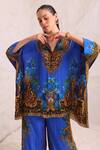 Shop_Zariaah_Blue Viscose, Silk Crystals Split V-neck Leopardess Kaftan Top _Online_at_Aza_Fashions
