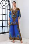 Zariaah_Blue Viscose, Silk Crystals V-neck Leopard Print Two-piece Set _Online_at_Aza_Fashions