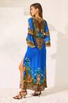 Shop_Zariaah_Blue Viscose, Silk Crystals V-neck Leopardess Maxi Dress _at_Aza_Fashions