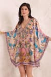 Zariaah_Pink Viscose, Silk Crystals V-neck Peacock Paradise Kaftan Dress _Online_at_Aza_Fashions