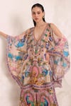 Buy_Zariaah_Pink Viscose, Silk Crystals V-neck Peacock Paradise Kaftan Dress _at_Aza_Fashions