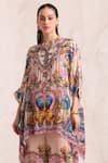 Zariaah_Pink Viscose, Silk Crystals Collared Peacock Print Kaftan Set _Online_at_Aza_Fashions