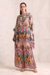 Shop_Zariaah_Pink Viscose, Silk Crystals Collared Peacock Print Kaftan Set _Online_at_Aza_Fashions