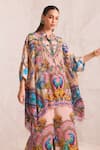 Zariaah_Pink Viscose, Silk Crystals Collared Peacock Print Kaftan Set _at_Aza_Fashions