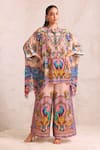 Shop_Zariaah_Pink Viscose, Silk Crystals Collared Peacock Print Kaftan Set 