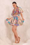 Buy_Zariaah_Pink Viscose, Silk Crystals V-neck Peacock Paradise Mini Dress _at_Aza_Fashions