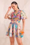Shop_Zariaah_Pink Viscose, Silk Crystals V-neck Peacock Paradise Mini Dress _Online_at_Aza_Fashions