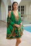 Zariaah_Green Viscose, Silk Crystals V-neck Emerald Leopardess Kaftan Dress _Online_at_Aza_Fashions