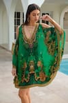 Buy_Zariaah_Green Viscose, Silk Crystals V-neck Emerald Leopardess Kaftan Dress _at_Aza_Fashions