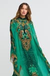 Zariaah_Green Viscose, Silk, Chiffon Crystals Emerald Leopardess High-neck Maxi Kaftan _Online_at_Aza_Fashions