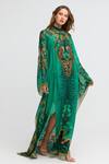 Buy_Zariaah_Green Viscose, Silk, Chiffon Crystals Emerald Leopardess High-neck Maxi Kaftan _Online_at_Aza_Fashions