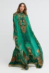 Shop_Zariaah_Green Viscose, Silk, Chiffon Crystals Emerald Leopardess High-neck Maxi Kaftan _Online_at_Aza_Fashions